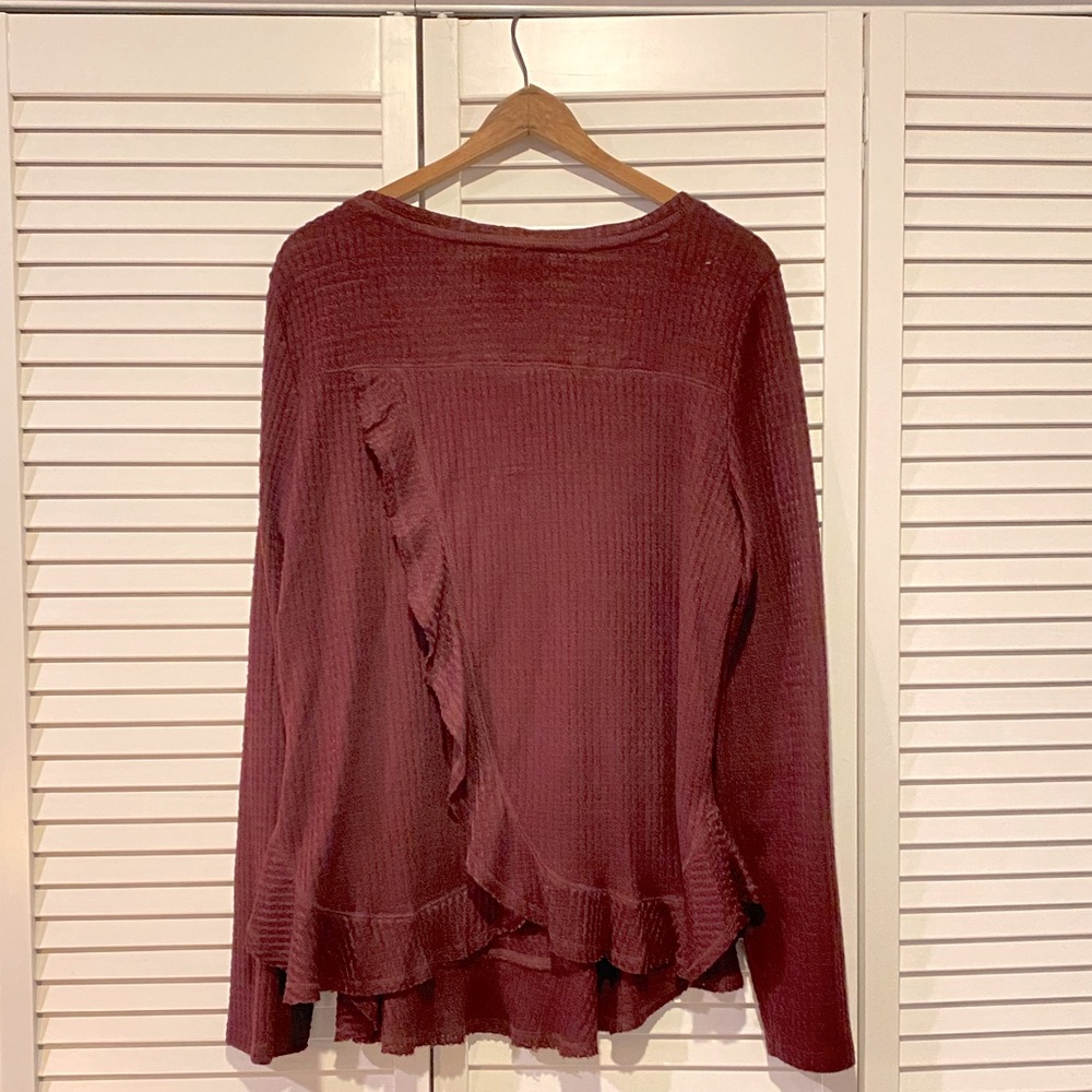 Anthropologie waffle knit wine-colored thermal top with cut away ruffle back